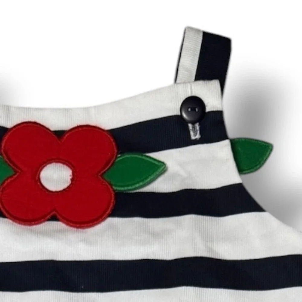 Florence Eiseman Dress Kids 5 Navy White Striped Flower Applique Nautical Summer